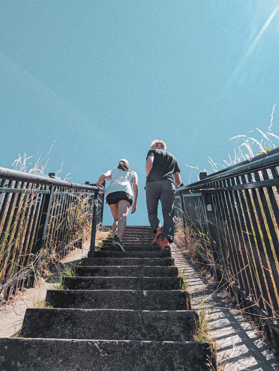 Members climbing the long outdoor stairs on Mt. Tabor