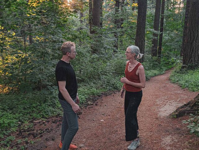 Brian and a member talking it through on a Mt. Tabor trail