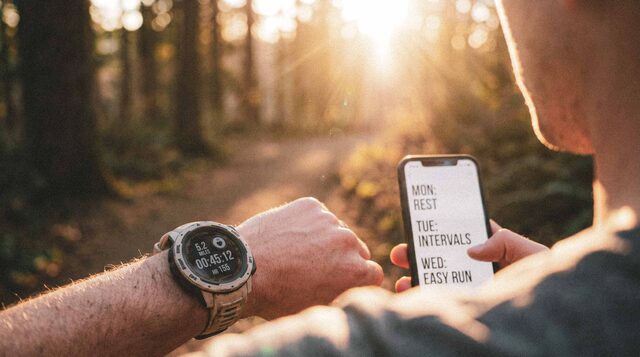 A watch and phone showing the week's training plan, out on the trail